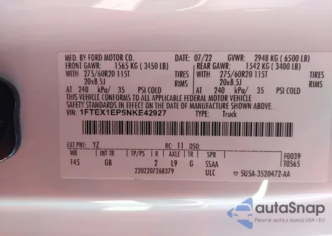 2022 Ford F-150 Xl z USA, uszkodzony, nr VIN 1FTEX1EP5NKE42927